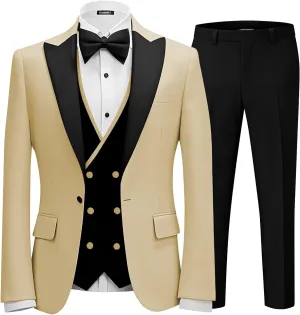 Men 3 Piece Tuxedo Suit Double Breasted Suit for Men Wedding Prom Slim Fit Blazer Vest Pants with Bow Tie