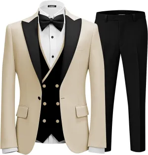 Men 3 Piece Tuxedo Suit Double Breasted Suit for Men Wedding Prom Slim Fit Blazer Vest Pants with Bow Tie