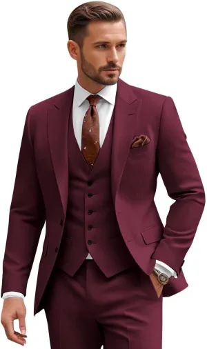 Men Slim Fit 3 Piece Suit Sets Wedding Suits 2 Button Blazer Peak Lapel Solid Suit Single Breasted Vest & Pants