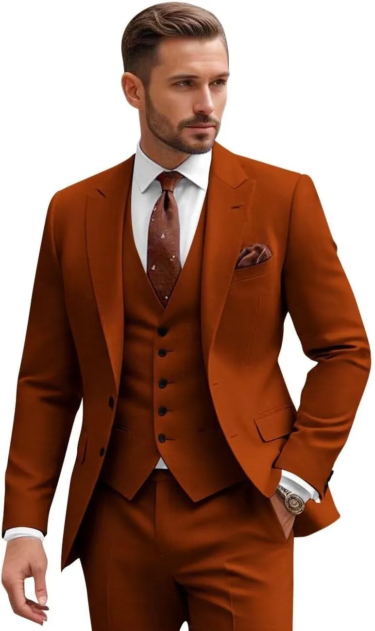 Men Slim Fit 3 Piece Suit Sets Wedding Suits 2 Button Blazer Peak Lapel Solid Suit Single Breasted Vest & Pants