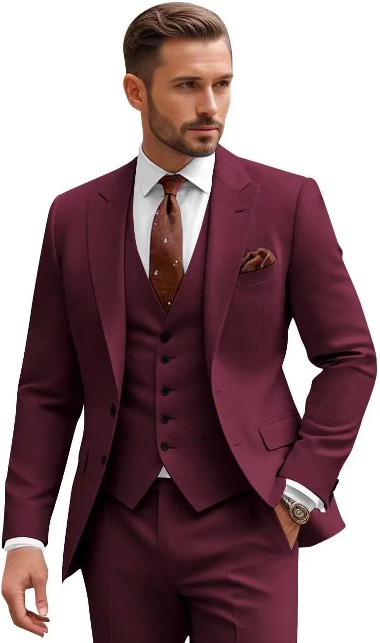 Men Slim Fit 3 Piece Suit Sets Wedding Suits 2 Button Blazer Peak Lapel Solid Suit Single Breasted Vest & Pants