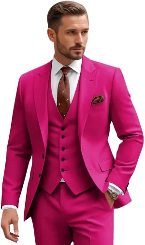 Men Slim Fit 3 Piece Suit Sets Wedding Suits 2 Button Blazer Peak Lapel Solid Suit Single Breasted Vest & Pants