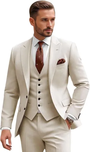 Men Slim Fit 3 Piece Suit Sets Wedding Suits 2 Button Blazer Peak Lapel Solid Suit Single Breasted Vest & Pants