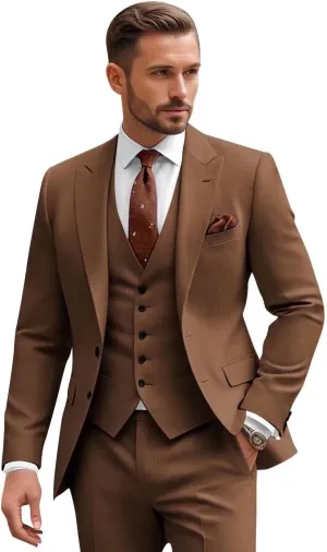 Men Slim Fit 3 Piece Suit Sets Wedding Suits 2 Button Blazer Peak Lapel Solid Suit Single Breasted Vest & Pants