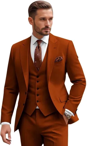 Men Slim Fit 3 Piece Suit Sets Wedding Suits 2 Button Blazer Peak Lapel Solid Suit Single Breasted Vest & Pants