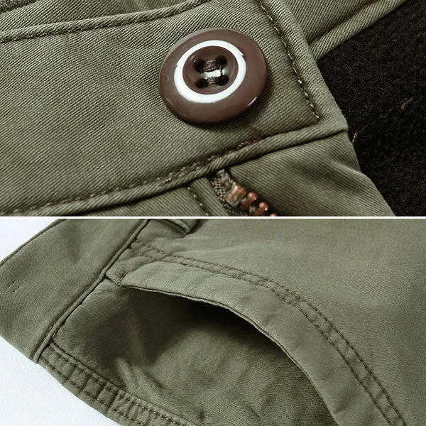 Men Thick Outdoor Multi Pockets Polar Fleece Lined Cotton Cargo Pants