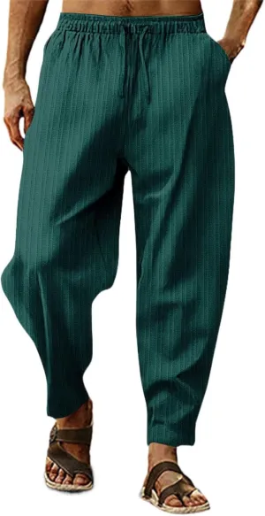 Men's Cotton Linen Harem Pants Loose Elastic Waist Lightweight Yoga Beach Pants Casual Cropped Trousers with Pockets