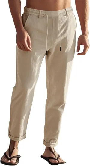 Men's Cotton Linen Pants Loose Fit Straight Legs Elastic Waist Drawstring Lounge Trousers Plus Size Baggy Beach Pants