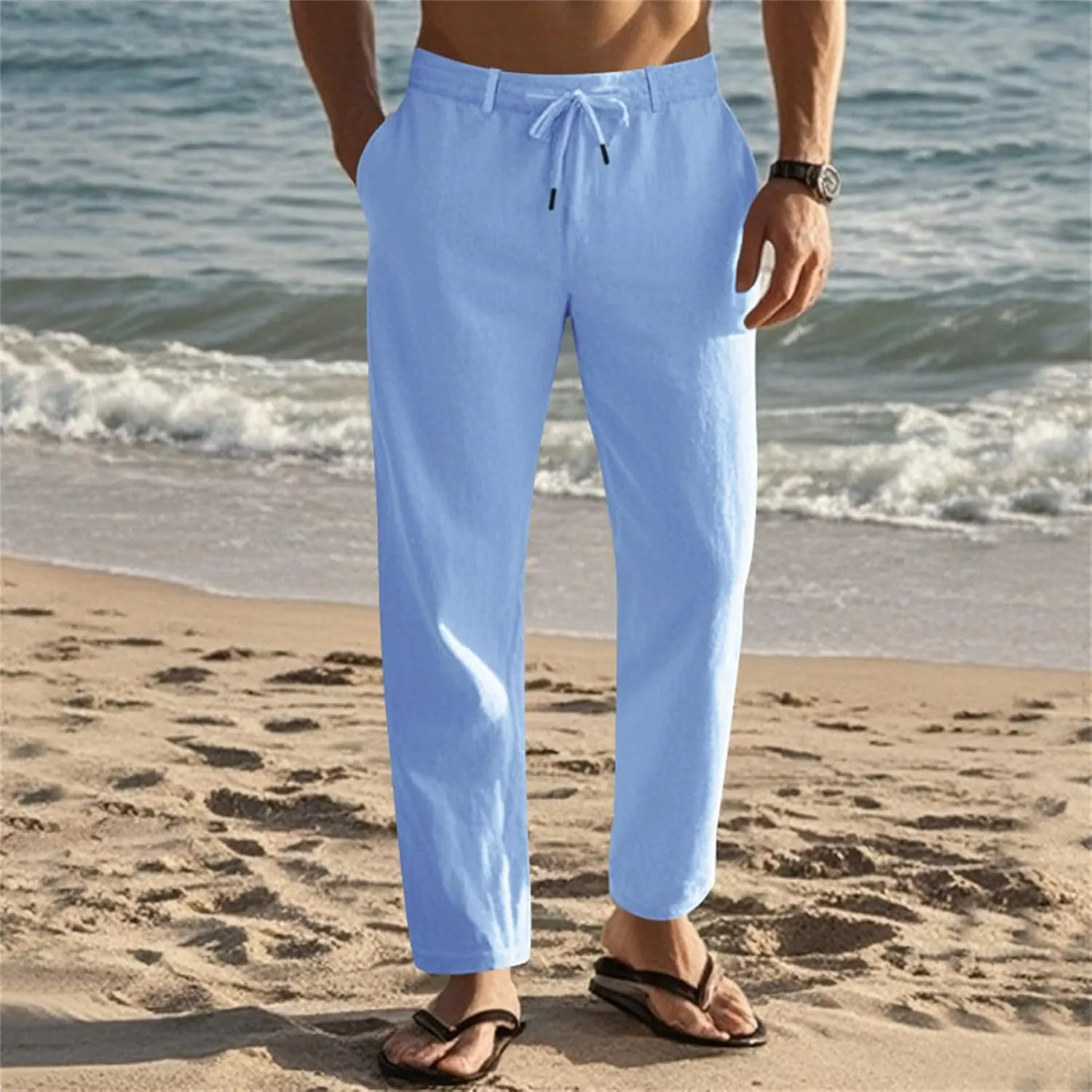 Men's Cotton Linen Pants Loose Fit Straight Legs Elastic Waist Drawstring Lounge Trousers Plus Size Baggy Beach Pants