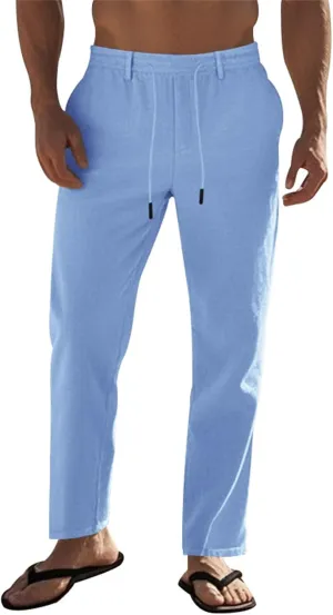 Men's Cotton Linen Pants Loose Fit Straight Legs Elastic Waist Drawstring Lounge Trousers Plus Size Baggy Beach Pants