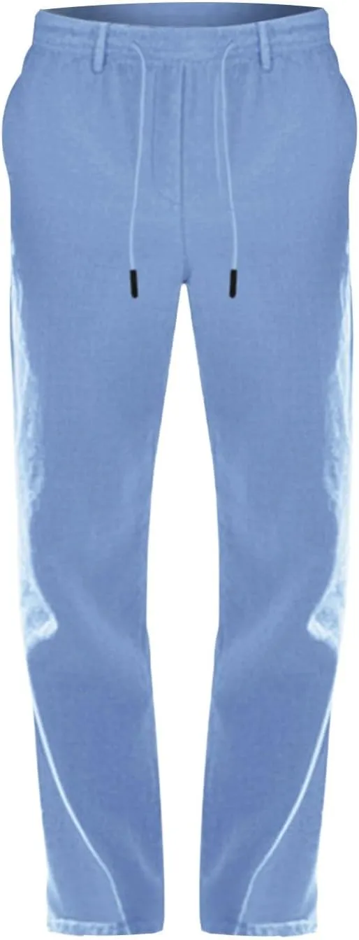Men's Cotton Linen Pants Loose Fit Straight Legs Elastic Waist Drawstring Lounge Trousers Plus Size Baggy Beach Pants