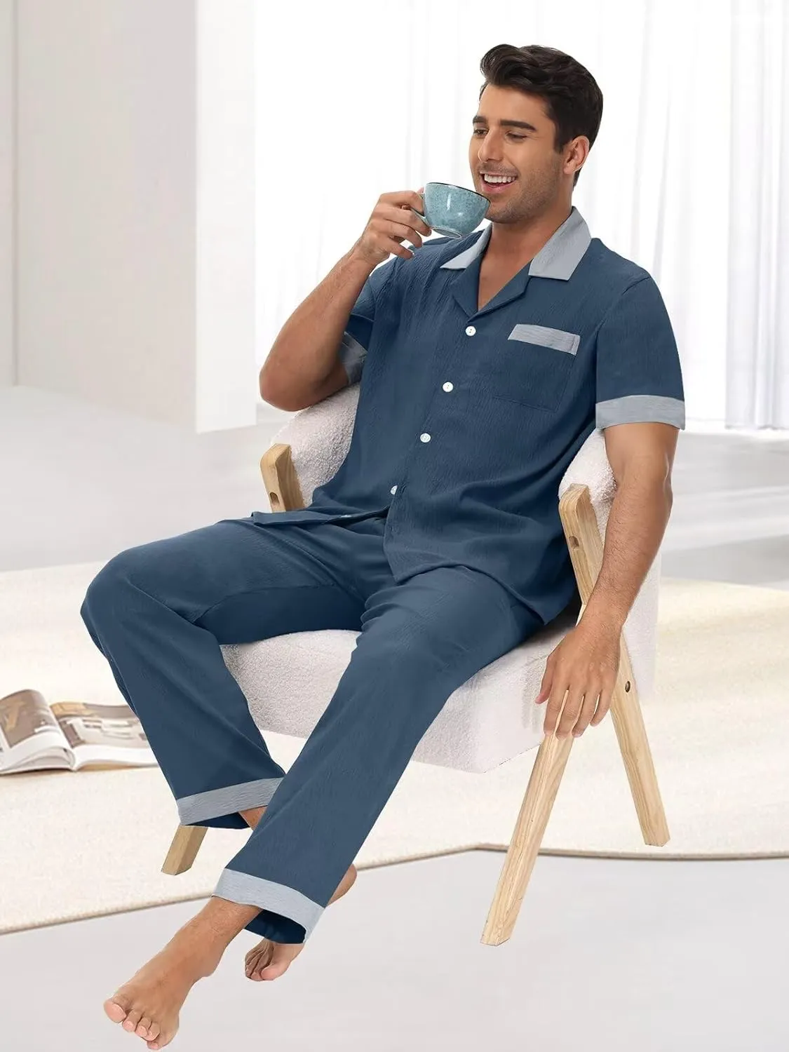 Mens Pajamas Set Short Sleeve Button Down Pjs Pajama Pants 2 Piece lounge Set Soft Sleepwear With Pockets S-3XL