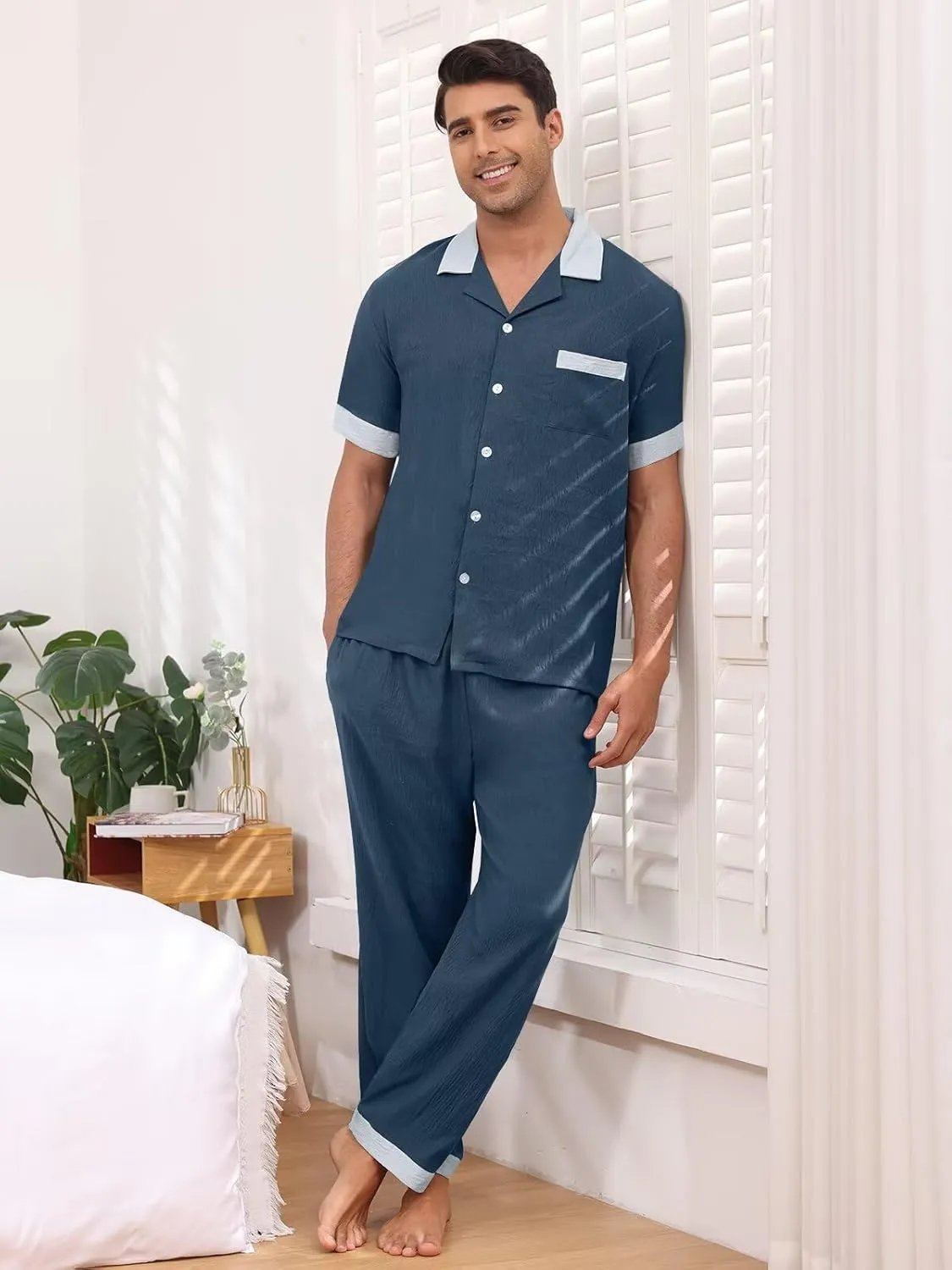 Mens Pajamas Set Short Sleeve Button Down Pjs Pajama Pants 2 Piece lounge Set Soft Sleepwear With Pockets S-3XL