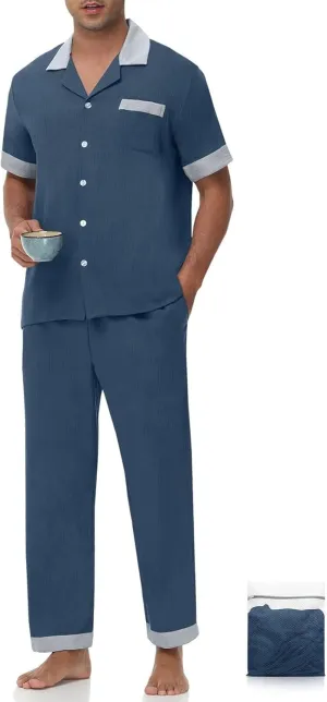 Mens Pajamas Set Short Sleeve Button Down Pjs Pajama Pants 2 Piece lounge Set Soft Sleepwear With Pockets S-3XL