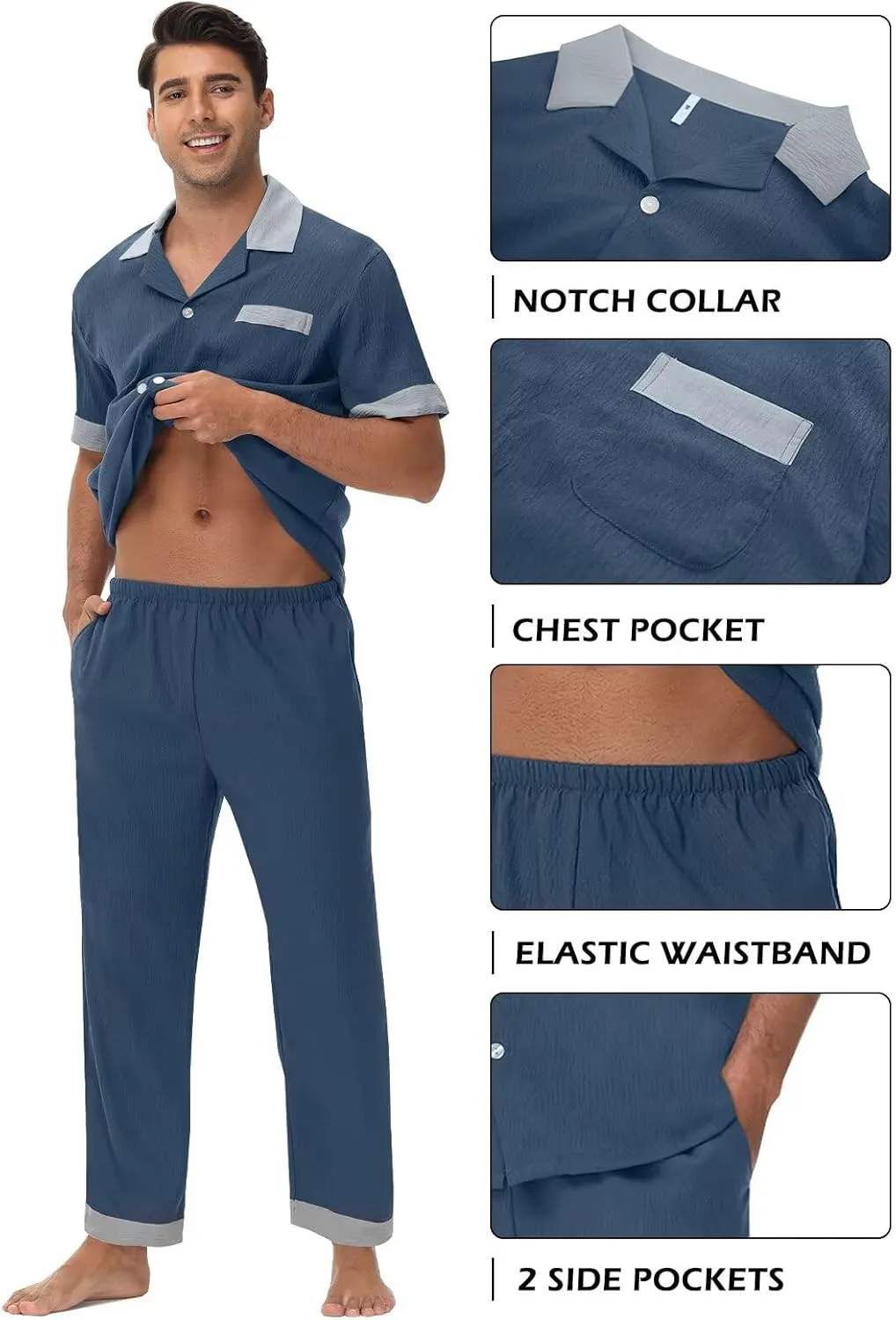 Mens Pajamas Set Short Sleeve Button Down Pjs Pajama Pants 2 Piece lounge Set Soft Sleepwear With Pockets S-3XL