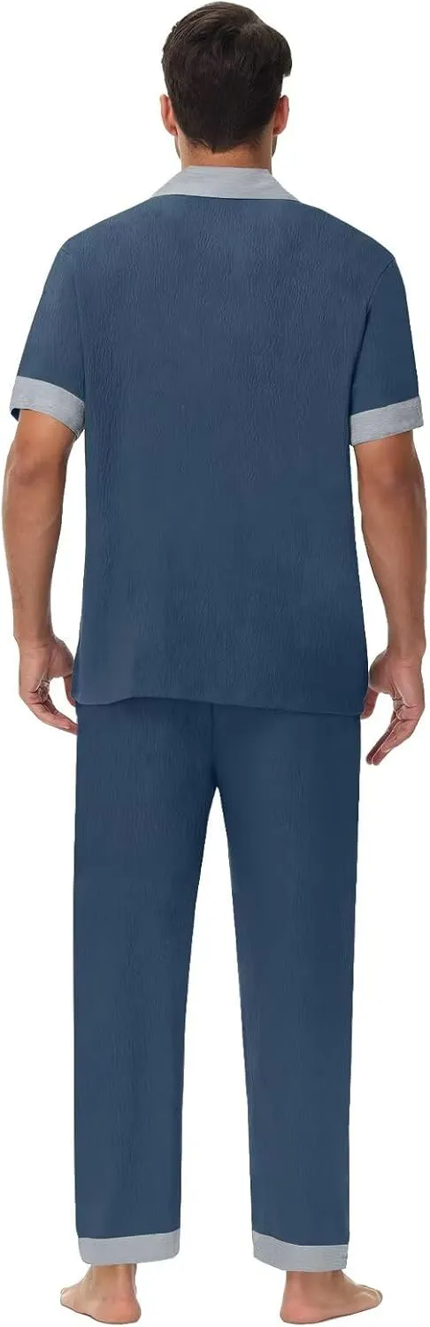 Mens Pajamas Set Short Sleeve Button Down Pjs Pajama Pants 2 Piece lounge Set Soft Sleepwear With Pockets S-3XL