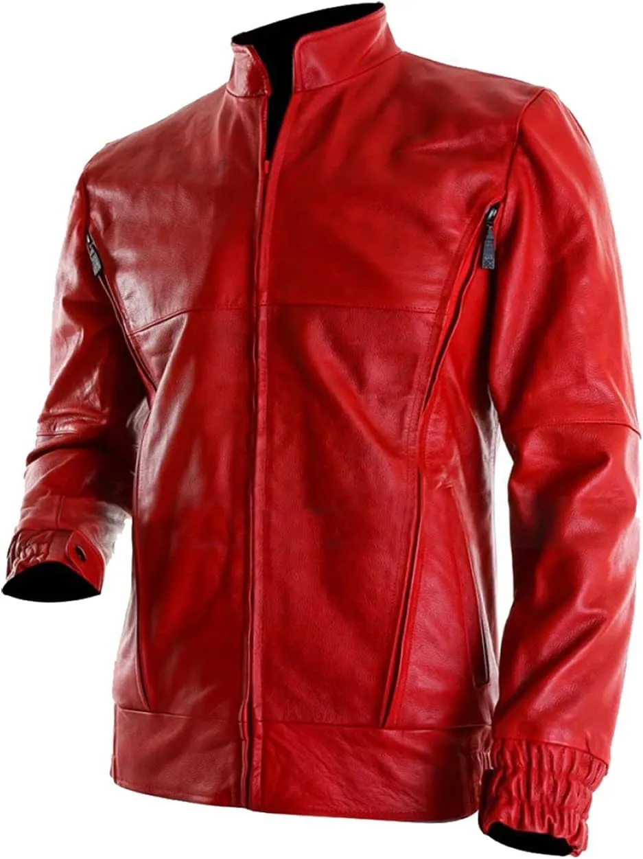 Mens Red Bomber Leather Jacket - Casual Motorcycle Leather Jacket for Men