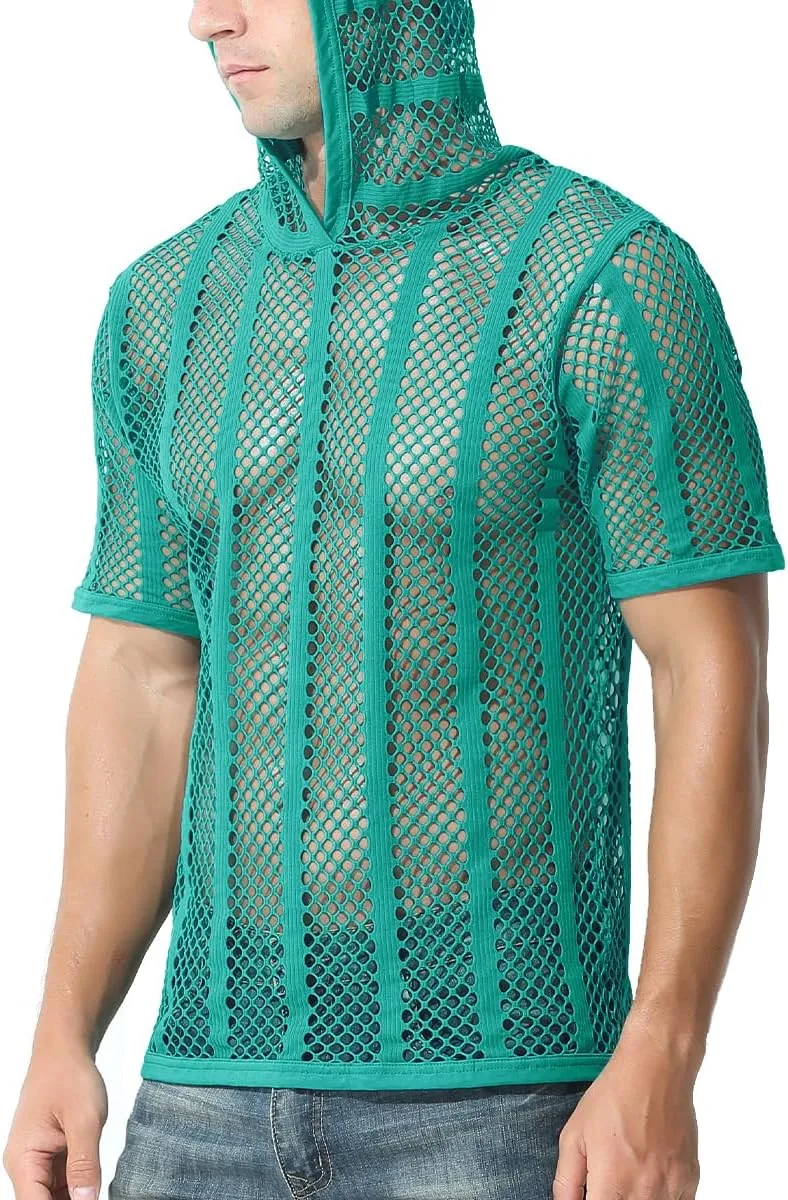 Men's Sexy See Through Fishnet Hoodies Short Sleeve T-Shirt Sheer Mesh Pullover