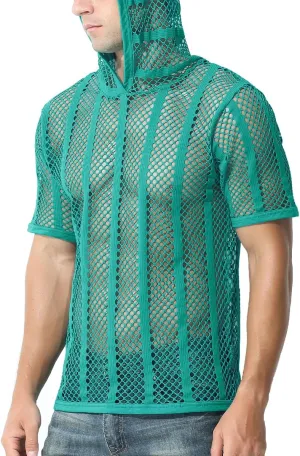 Men's Sexy See Through Fishnet Hoodies Short Sleeve T-Shirt Sheer Mesh Pullover