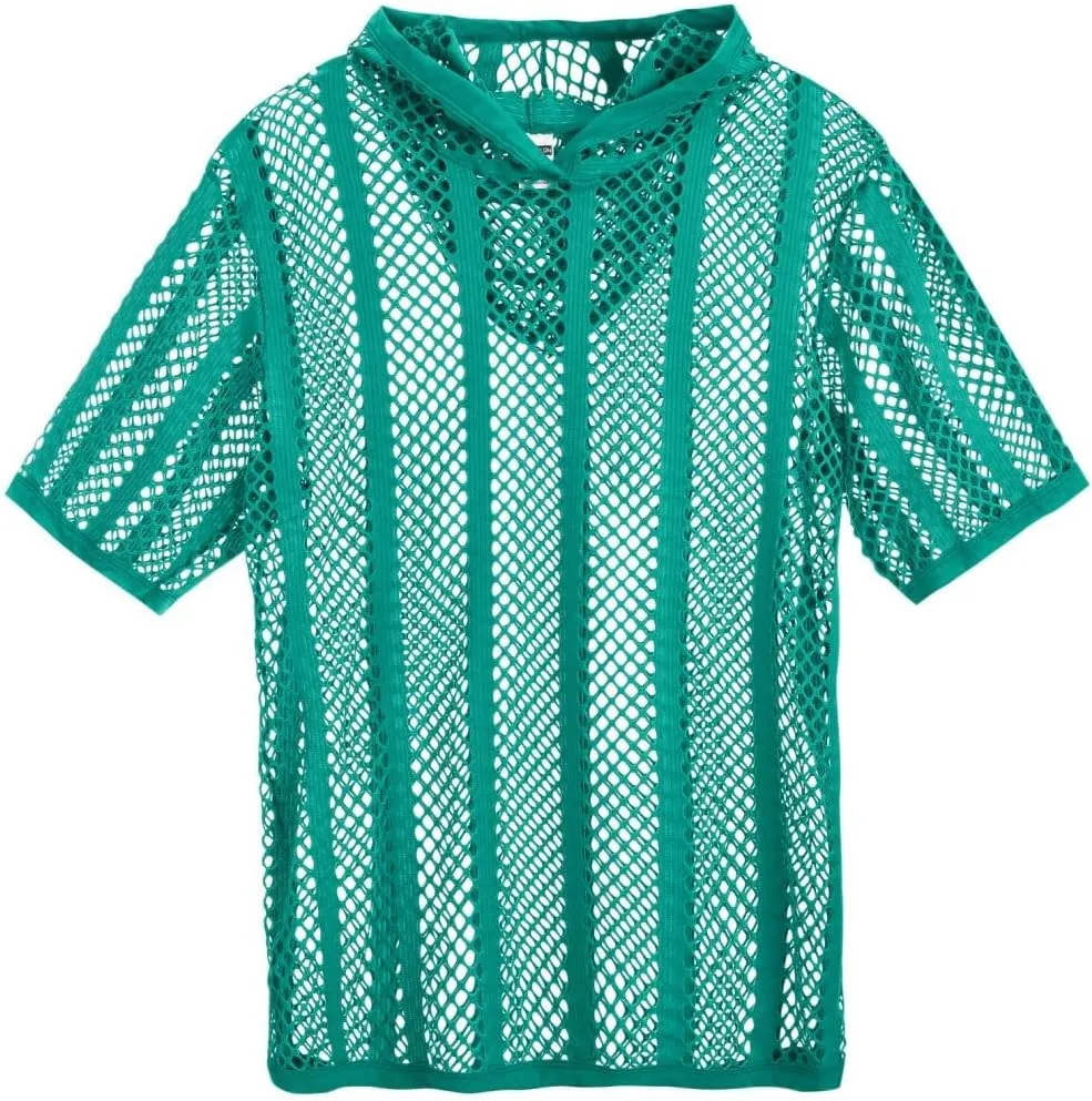 Men's Sexy See Through Fishnet Hoodies Short Sleeve T-Shirt Sheer Mesh Pullover