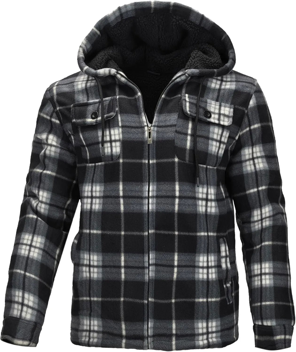 Men’s Winter Zip Up Hoodie Sherpa Fleece Plaid Jacket Drawstring Flannel Warm Sweatshirts Thick Heavyweight Coat