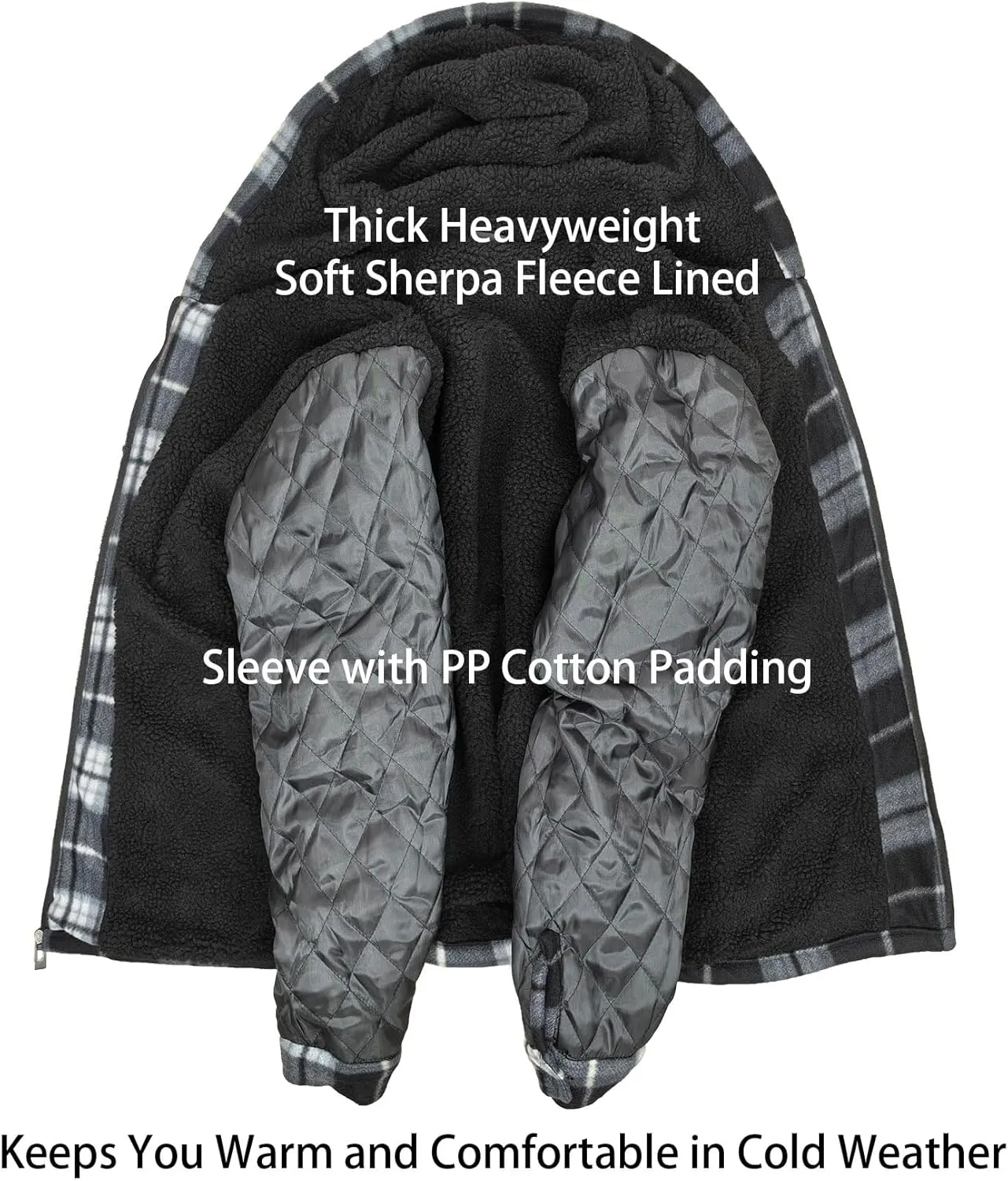 Men’s Winter Zip Up Hoodie Sherpa Fleece Plaid Jacket Drawstring Flannel Warm Sweatshirts Thick Heavyweight Coat