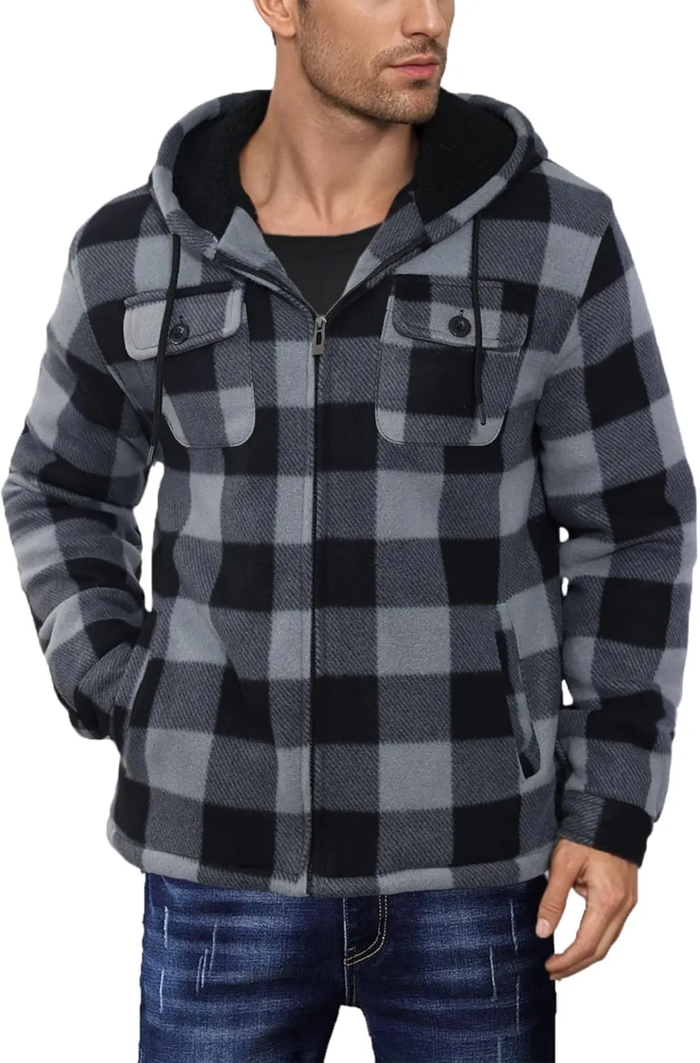 Men’s Winter Zip Up Hoodie Sherpa Fleece Plaid Jacket Drawstring Flannel Warm Sweatshirts Thick Heavyweight Coat