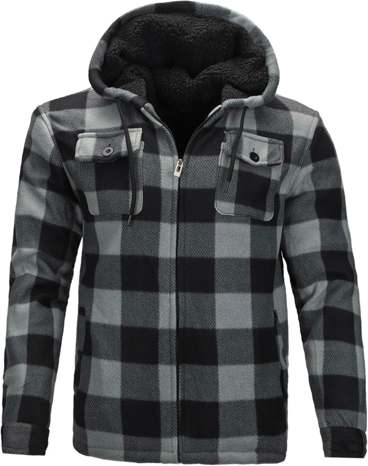 Men’s Winter Zip Up Hoodie Sherpa Fleece Plaid Jacket Drawstring Flannel Warm Sweatshirts Thick Heavyweight Coat