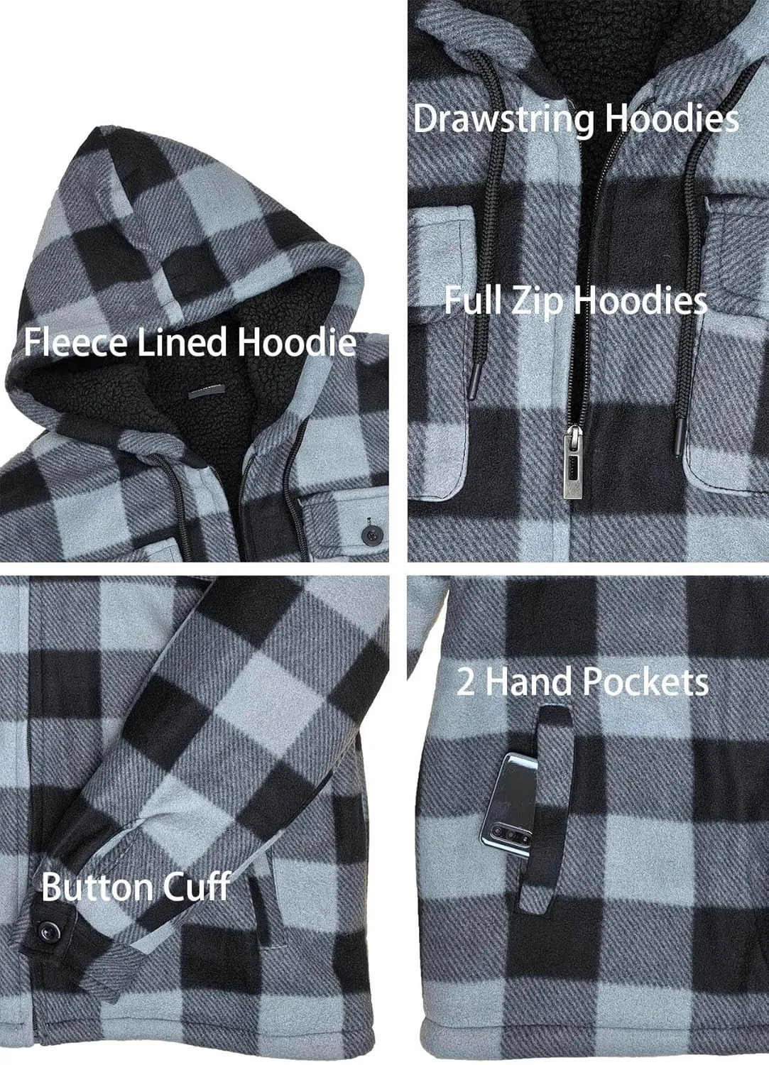 Men’s Winter Zip Up Hoodie Sherpa Fleece Plaid Jacket Drawstring Flannel Warm Sweatshirts Thick Heavyweight Coat