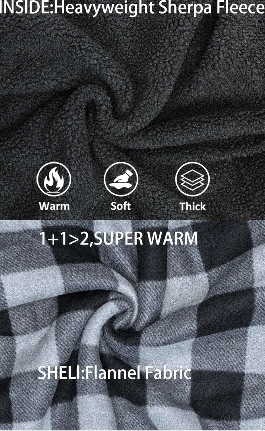 Men’s Winter Zip Up Hoodie Sherpa Fleece Plaid Jacket Drawstring Flannel Warm Sweatshirts Thick Heavyweight Coat