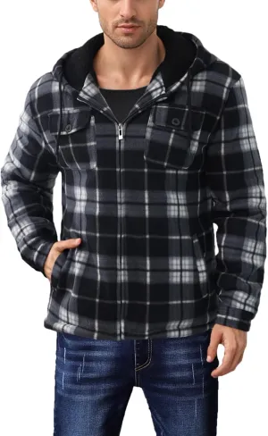 Men’s Winter Zip Up Hoodie Sherpa Fleece Plaid Jacket Drawstring Flannel Warm Sweatshirts Thick Heavyweight Coat