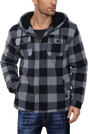 Men’s Winter Zip Up Hoodie Sherpa Fleece Plaid Jacket Drawstring Flannel Warm Sweatshirts Thick Heavyweight Coat