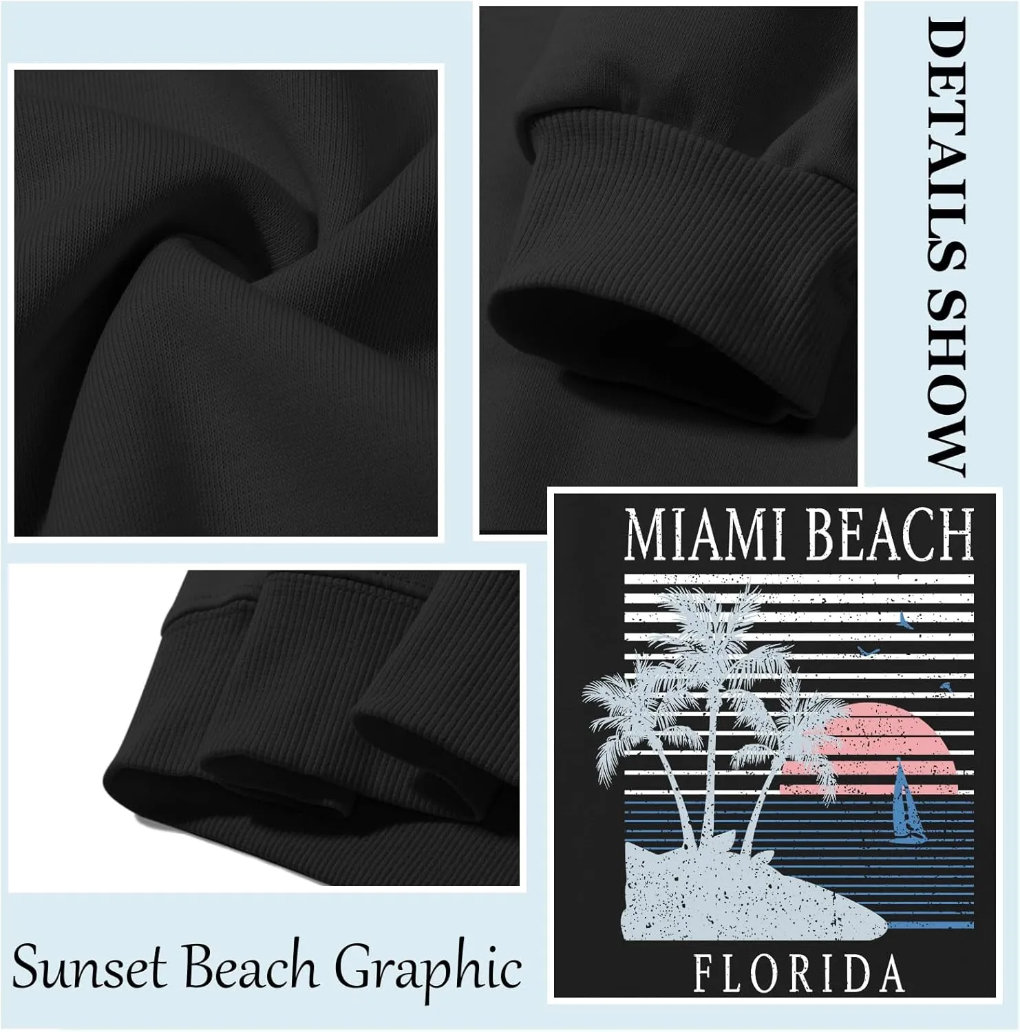 Miami Beach Graphic Sweatshirt For Women Florida Printed Aesthetic Crewneck Lightweight Sweatshirts Pullover Hoodies