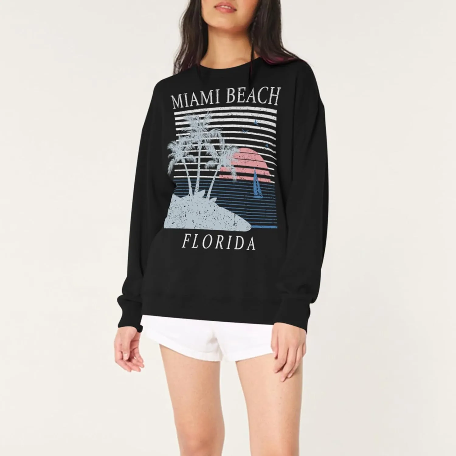 Miami Beach Graphic Sweatshirt For Women Florida Printed Aesthetic Crewneck Lightweight Sweatshirts Pullover Hoodies