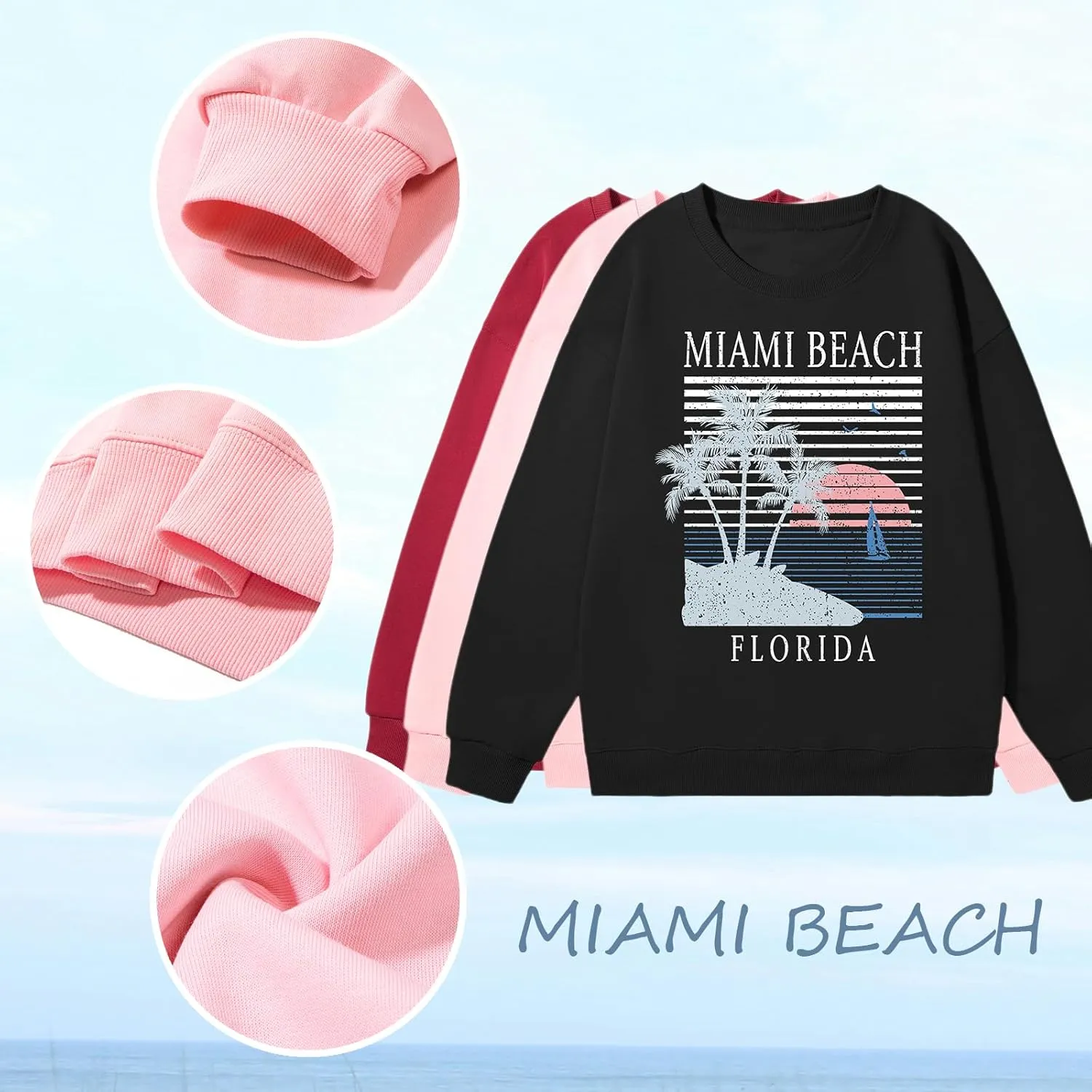 Miami Beach Graphic Sweatshirt For Women Florida Printed Aesthetic Crewneck Lightweight Sweatshirts Pullover Hoodies