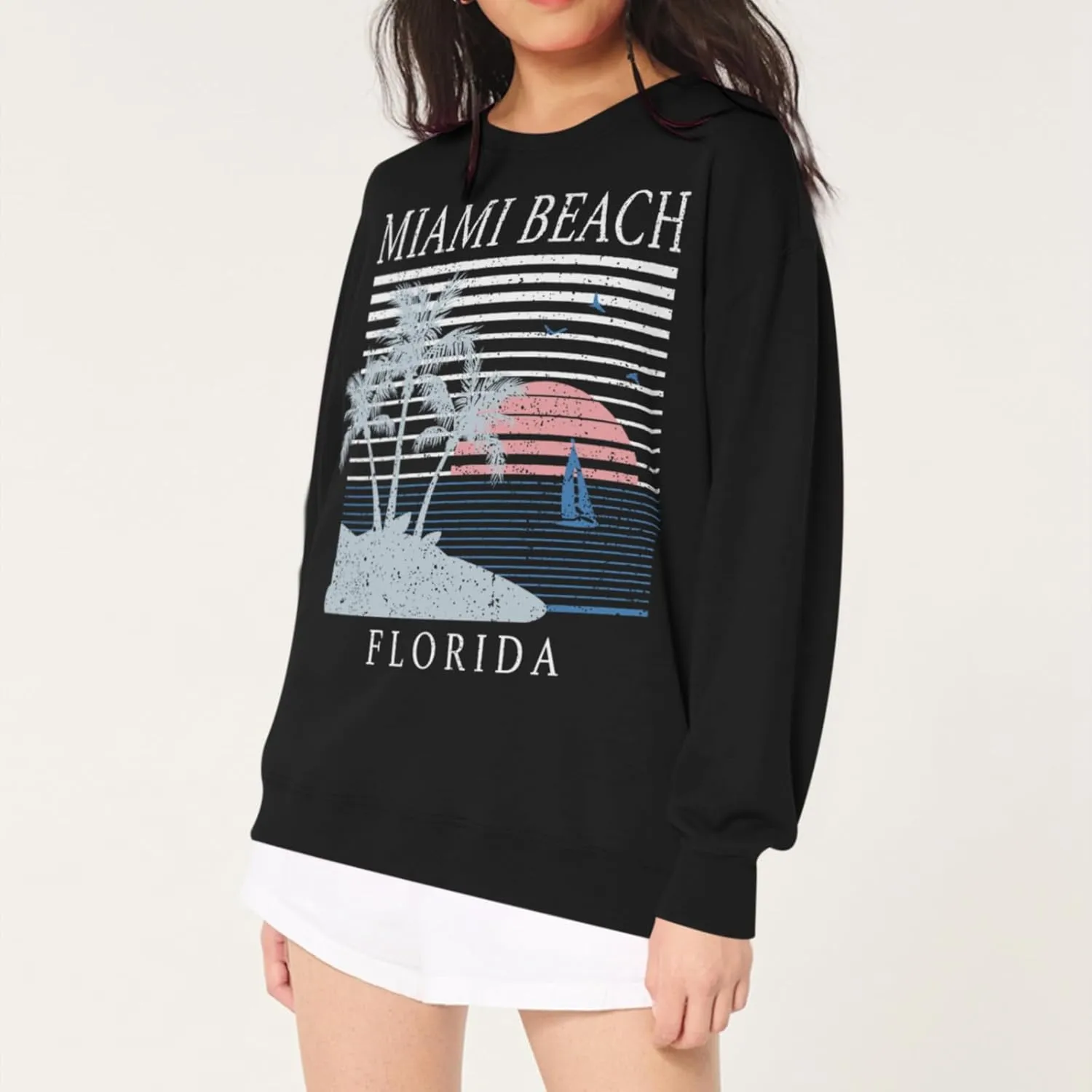 Miami Beach Graphic Sweatshirt For Women Florida Printed Aesthetic Crewneck Lightweight Sweatshirts Pullover Hoodies
