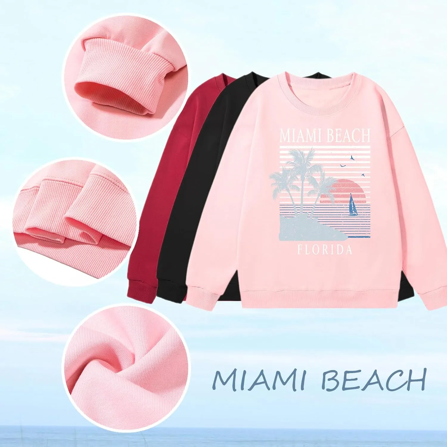 Miami Beach Graphic Sweatshirt For Women Florida Printed Aesthetic Crewneck Lightweight Sweatshirts Pullover Hoodies