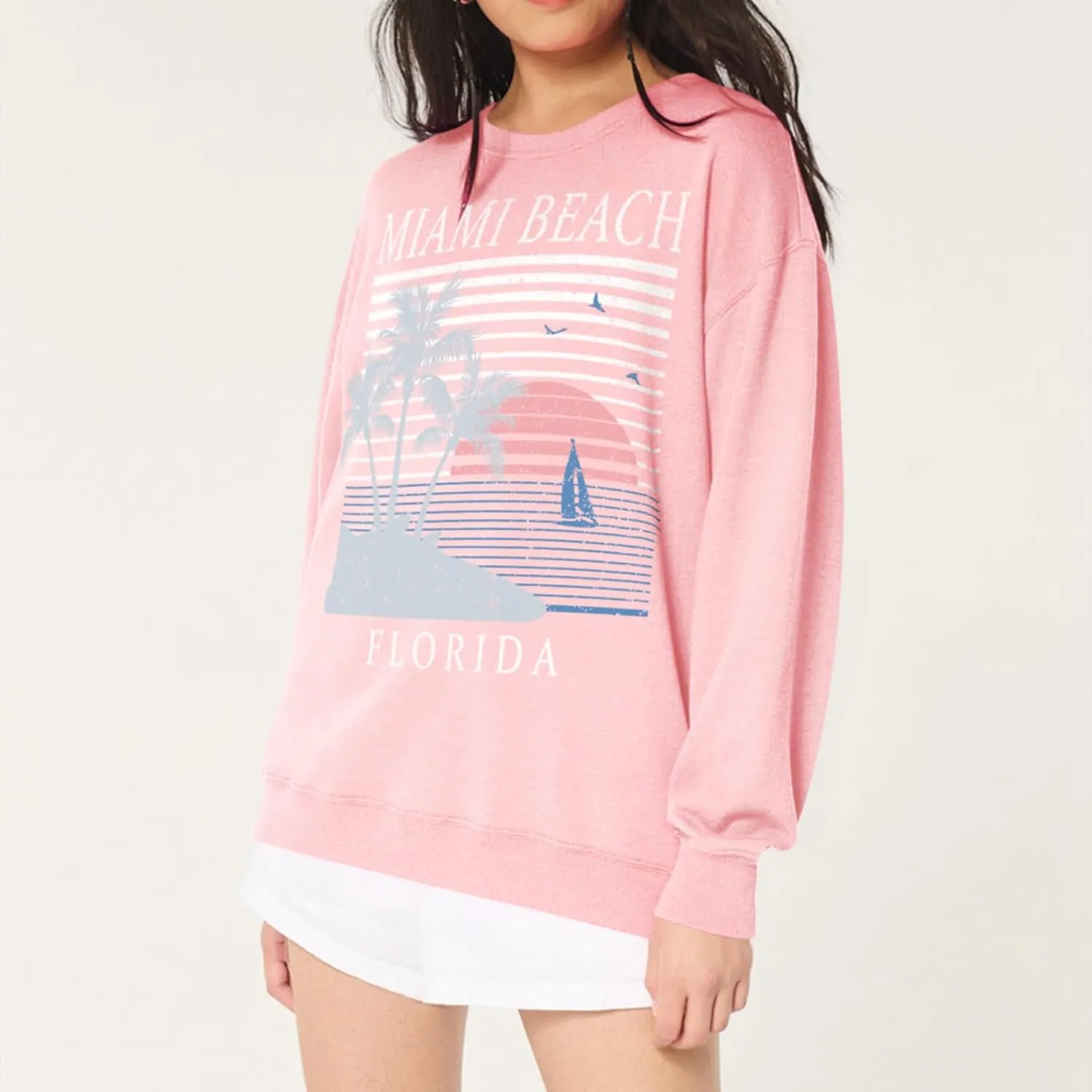 Miami Beach Graphic Sweatshirt For Women Florida Printed Aesthetic Crewneck Lightweight Sweatshirts Pullover Hoodies