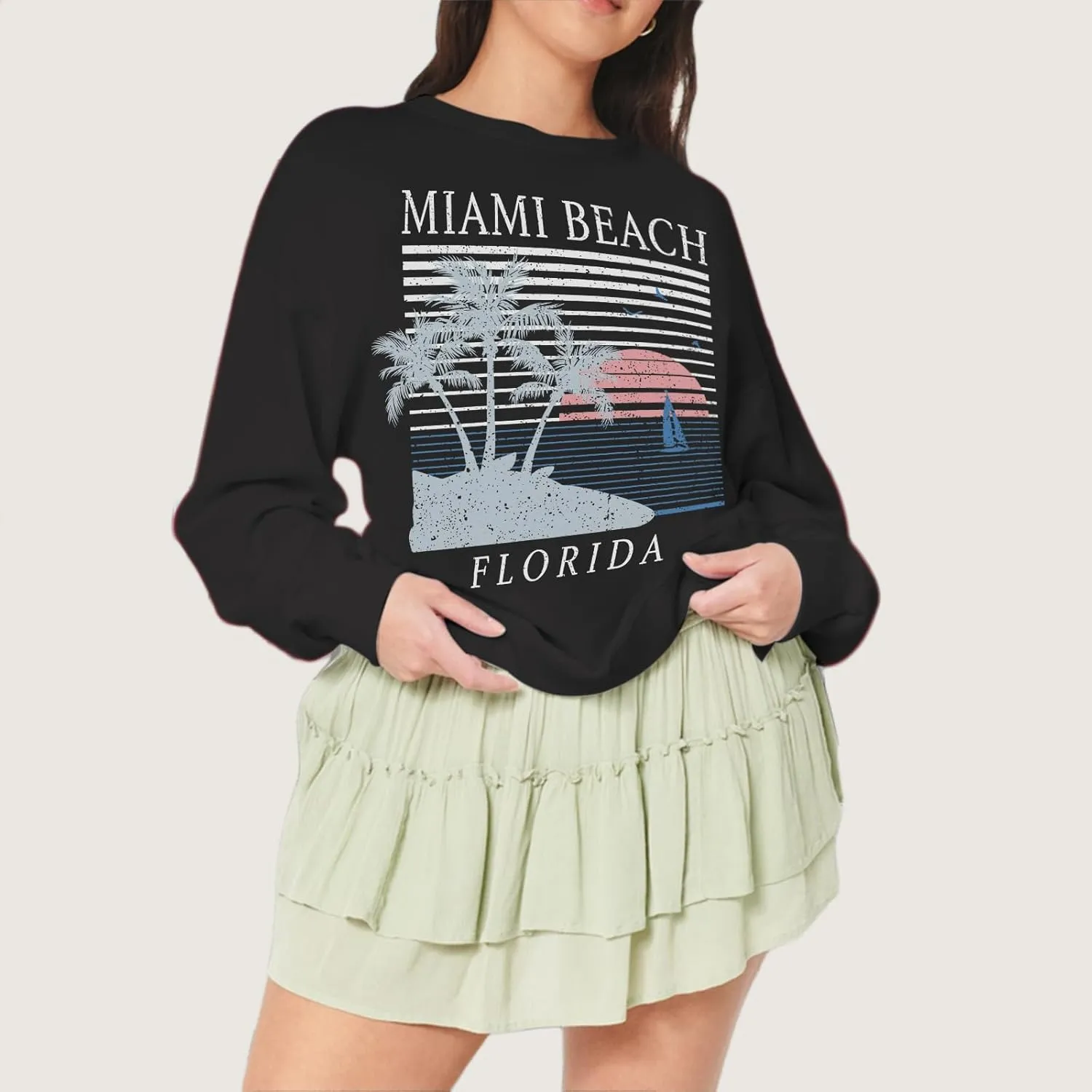 Miami Beach Graphic Sweatshirt For Women Florida Printed Aesthetic Crewneck Lightweight Sweatshirts Pullover Hoodies