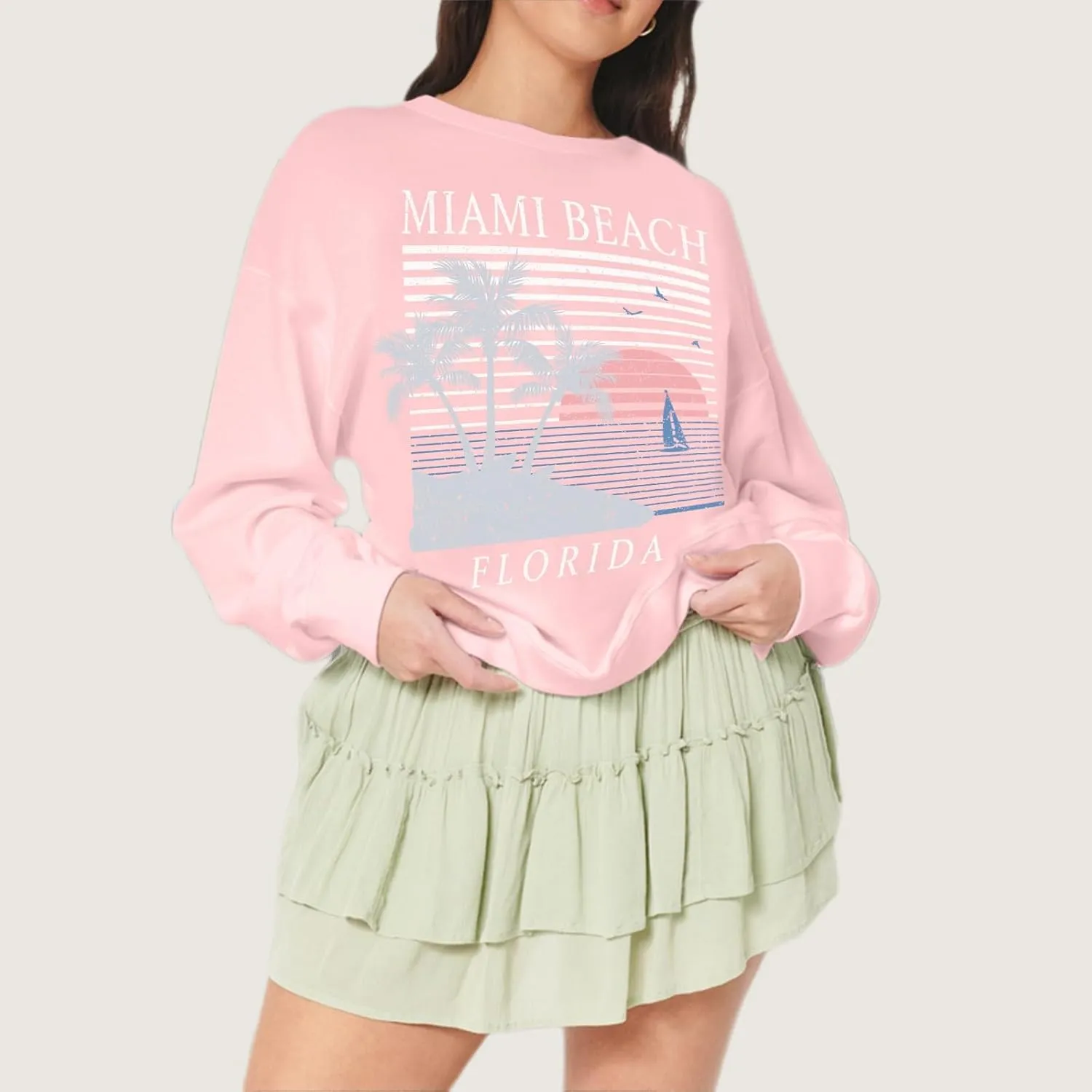 Miami Beach Graphic Sweatshirt For Women Florida Printed Aesthetic Crewneck Lightweight Sweatshirts Pullover Hoodies