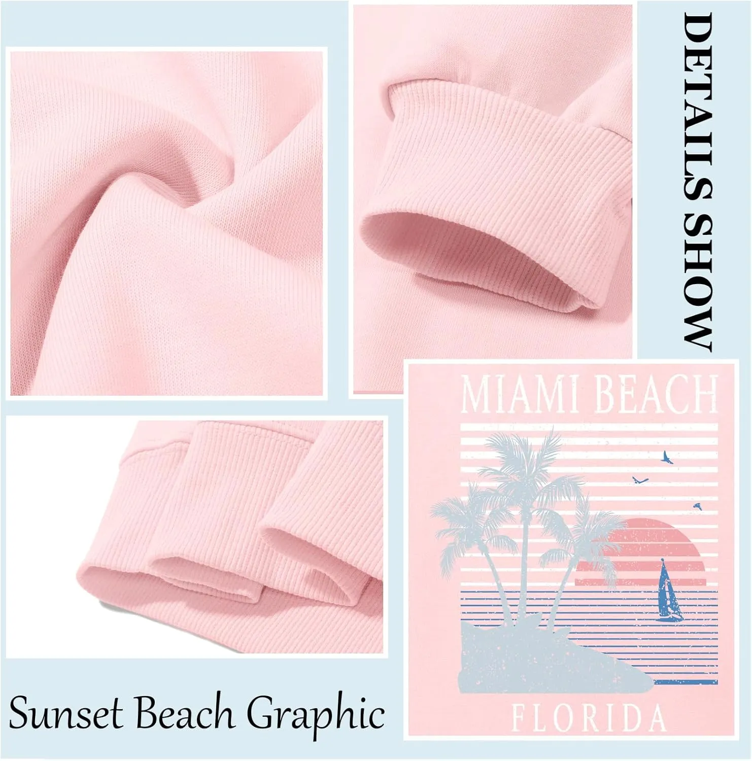 Miami Beach Graphic Sweatshirt For Women Florida Printed Aesthetic Crewneck Lightweight Sweatshirts Pullover Hoodies