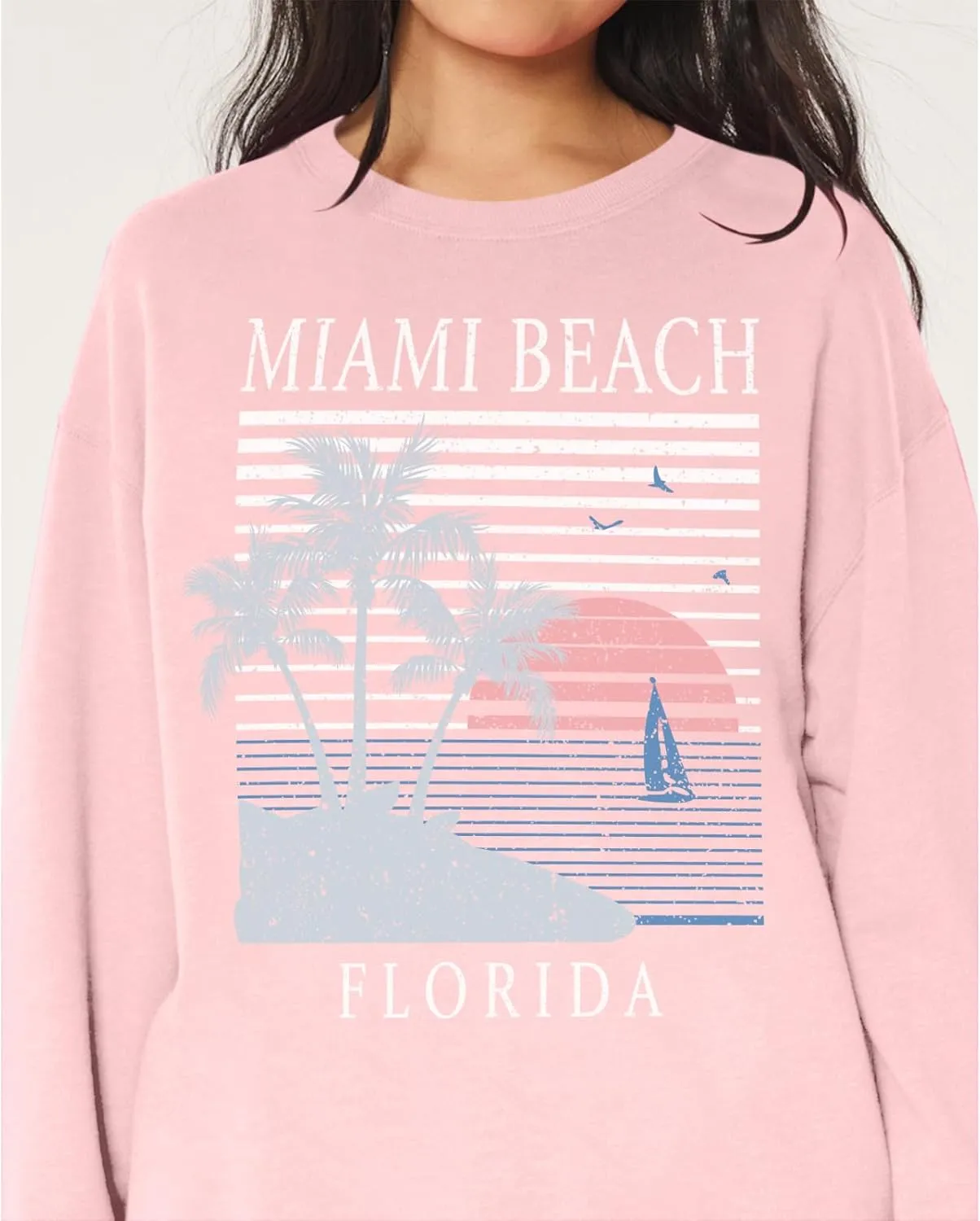 Miami Beach Graphic Sweatshirt For Women Florida Printed Aesthetic Crewneck Lightweight Sweatshirts Pullover Hoodies