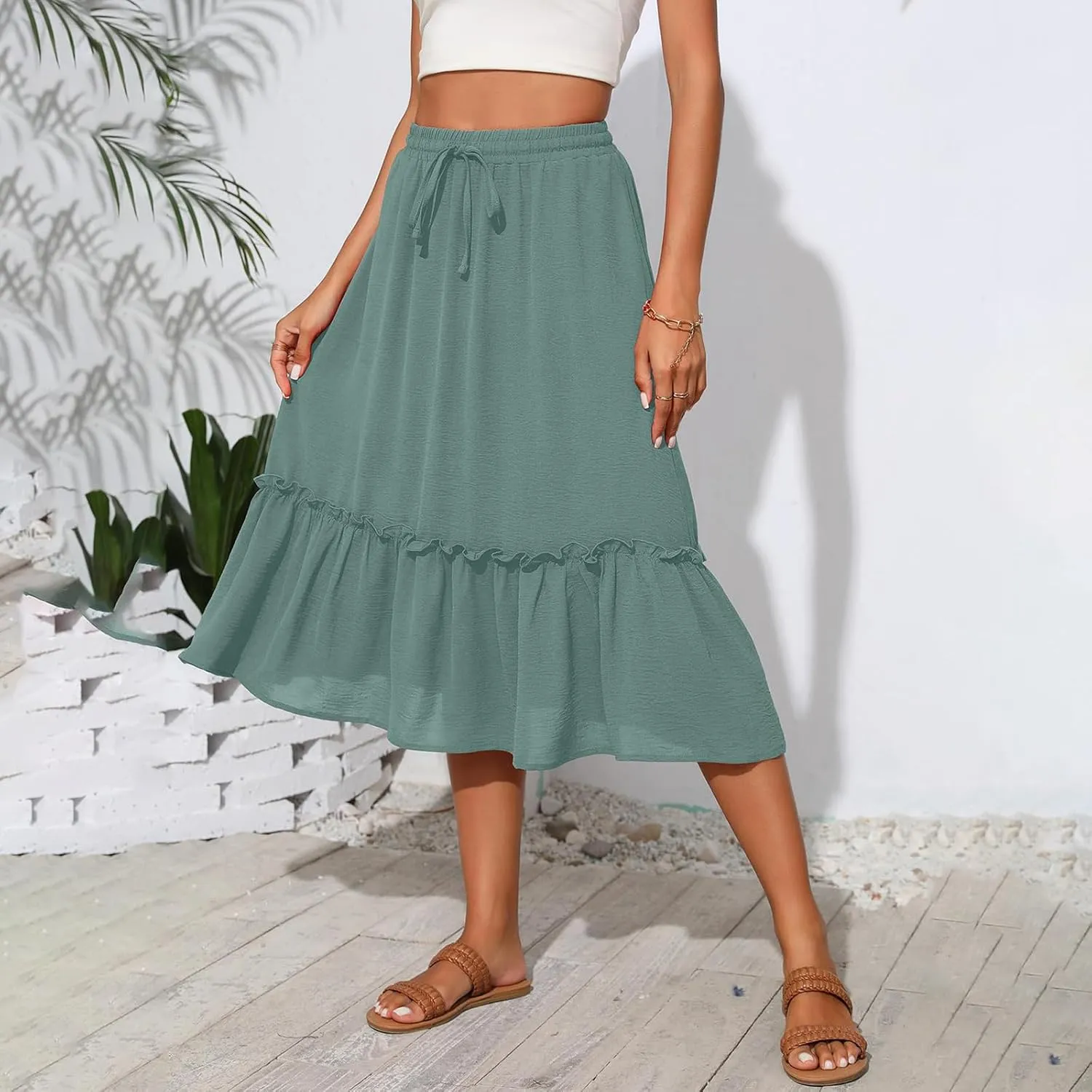 Midi Skirts for Women Summer Boho High Waist Flowy Swing Tiered Skirts with Pockets Comfy Beach Pleated Skirts