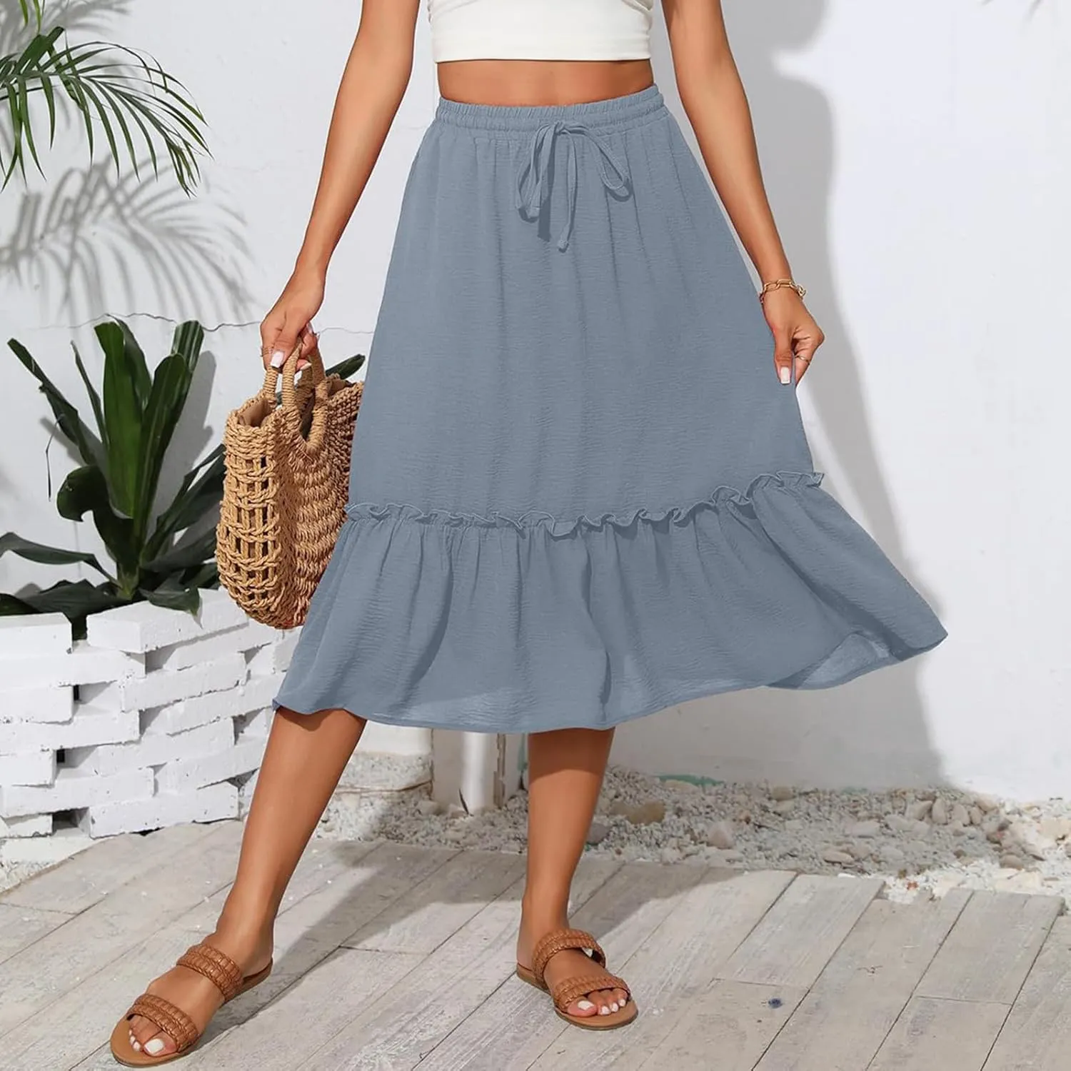 Midi Skirts for Women Summer Boho High Waist Flowy Swing Tiered Skirts with Pockets Comfy Beach Pleated Skirts