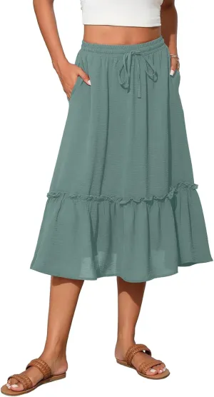 Midi Skirts for Women Summer Boho High Waist Flowy Swing Tiered Skirts with Pockets Comfy Beach Pleated Skirts