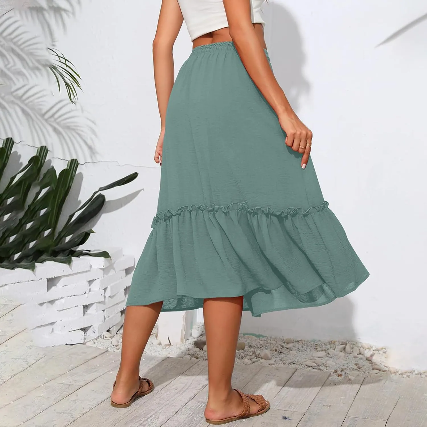 Midi Skirts for Women Summer Boho High Waist Flowy Swing Tiered Skirts with Pockets Comfy Beach Pleated Skirts