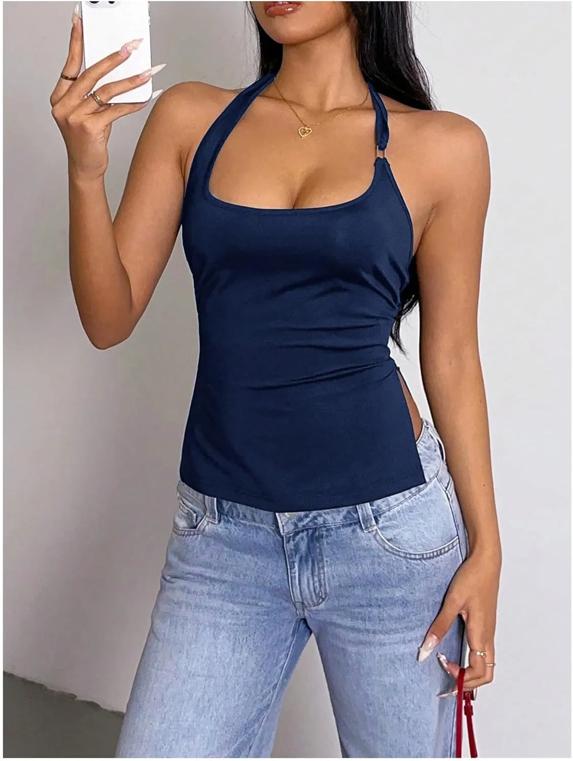 Milumia Women's Scoop Neck Low Cut Ruched Backless Halter Top Y2K Side Slit Fitted Sleeveless Tank Tops