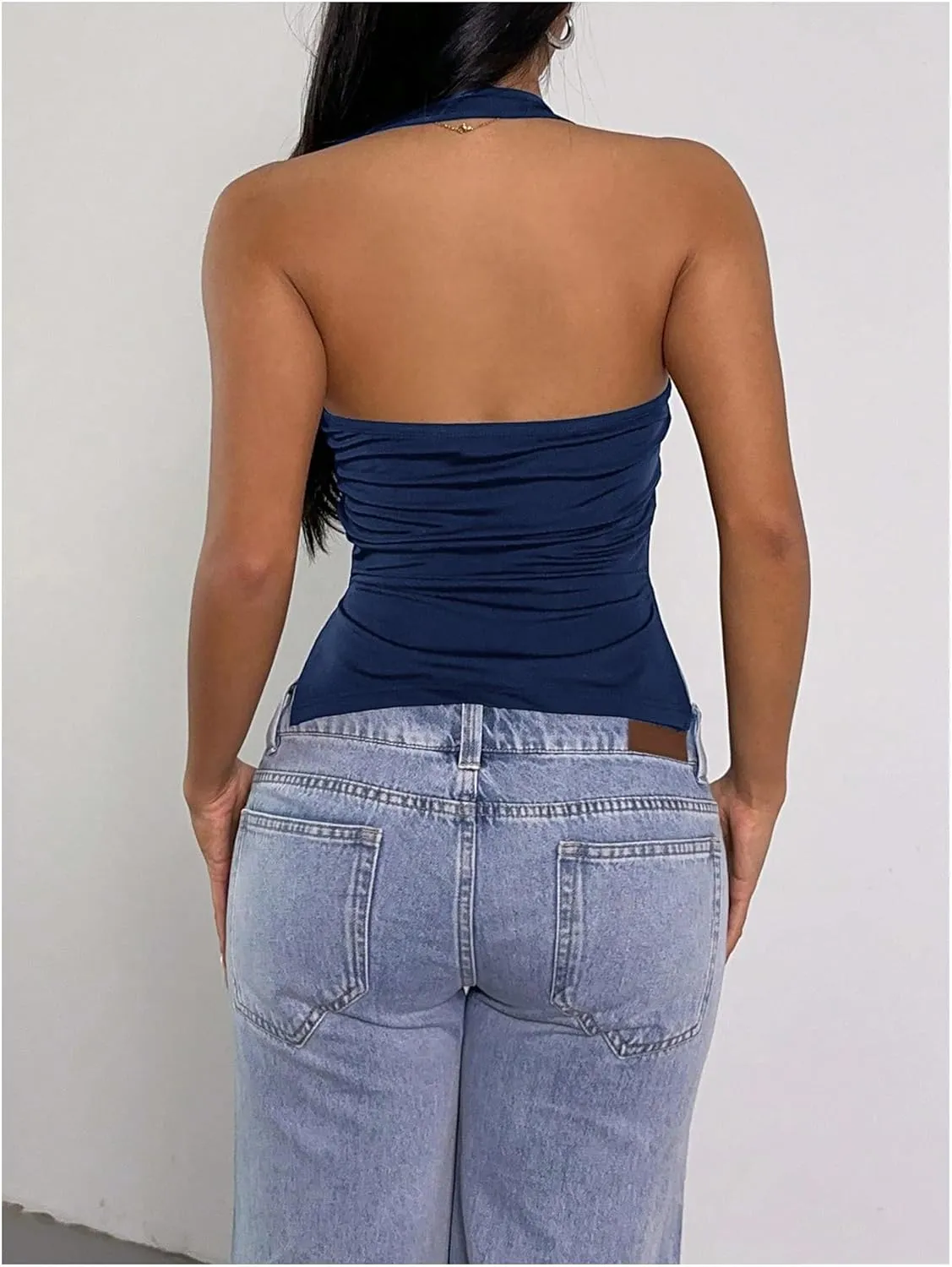 Milumia Women's Scoop Neck Low Cut Ruched Backless Halter Top Y2K Side Slit Fitted Sleeveless Tank Tops