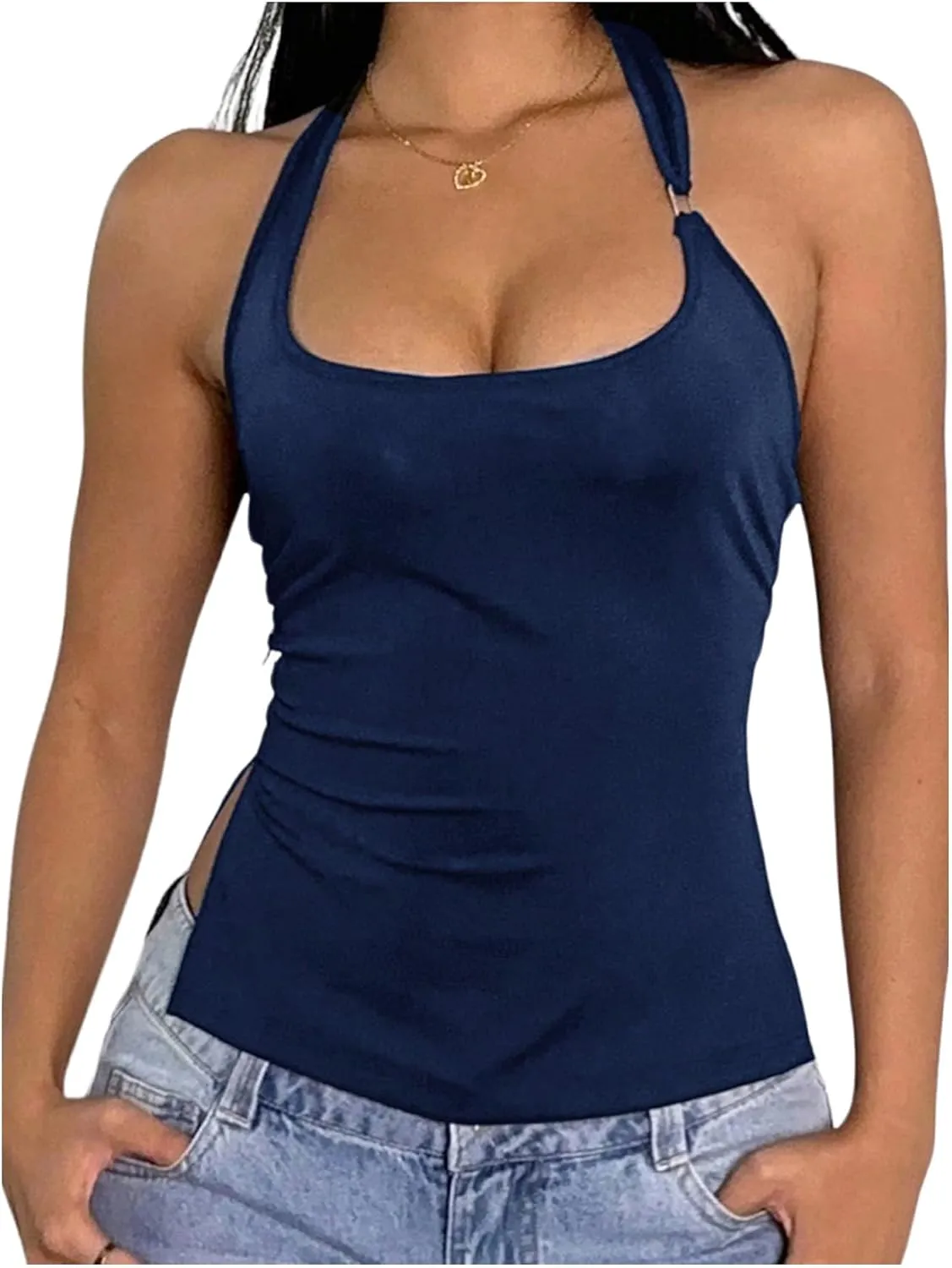 Milumia Women's Scoop Neck Low Cut Ruched Backless Halter Top Y2K Side Slit Fitted Sleeveless Tank Tops