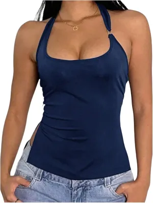 Milumia Women's Scoop Neck Low Cut Ruched Backless Halter Top Y2K Side Slit Fitted Sleeveless Tank Tops